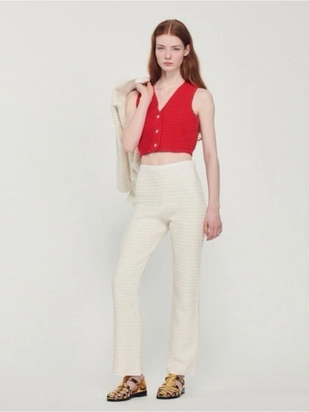 Sandro Pants Waffle Knit Braided Trim Tweed Trousers in White